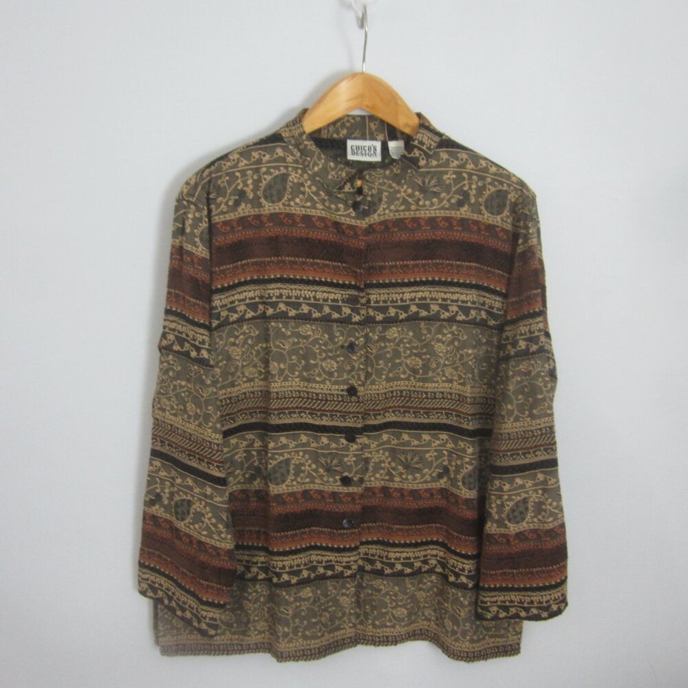 Chicos 3 Womens XL Multicolor Tapestry Paisley Stripe Rayon Blend Tunic Shirt